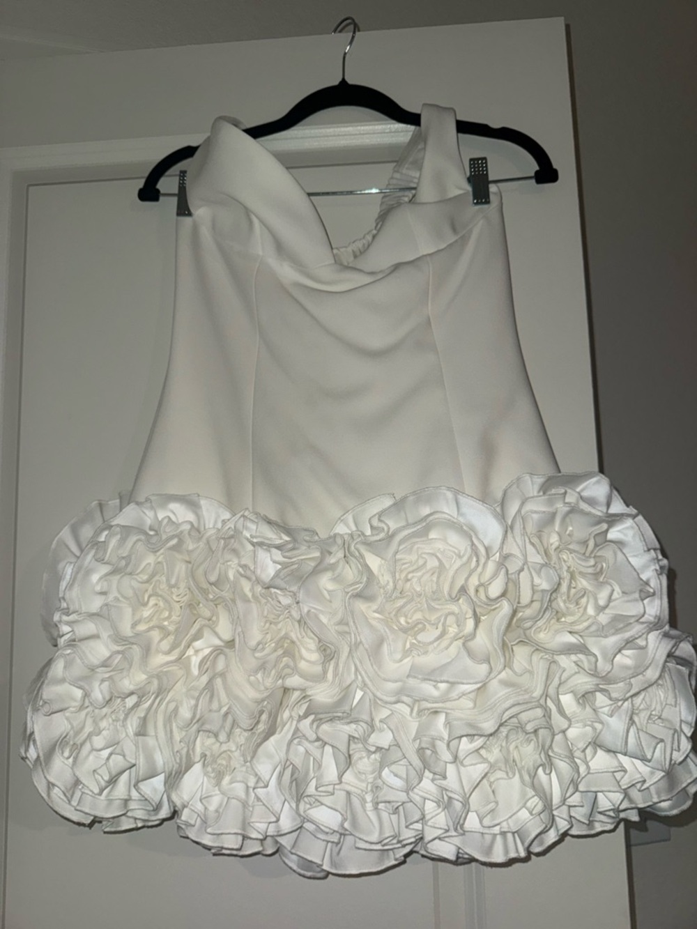 Off-Shoulder Ivory Ruffle Hem Mini Dress - Picture 2 of 5